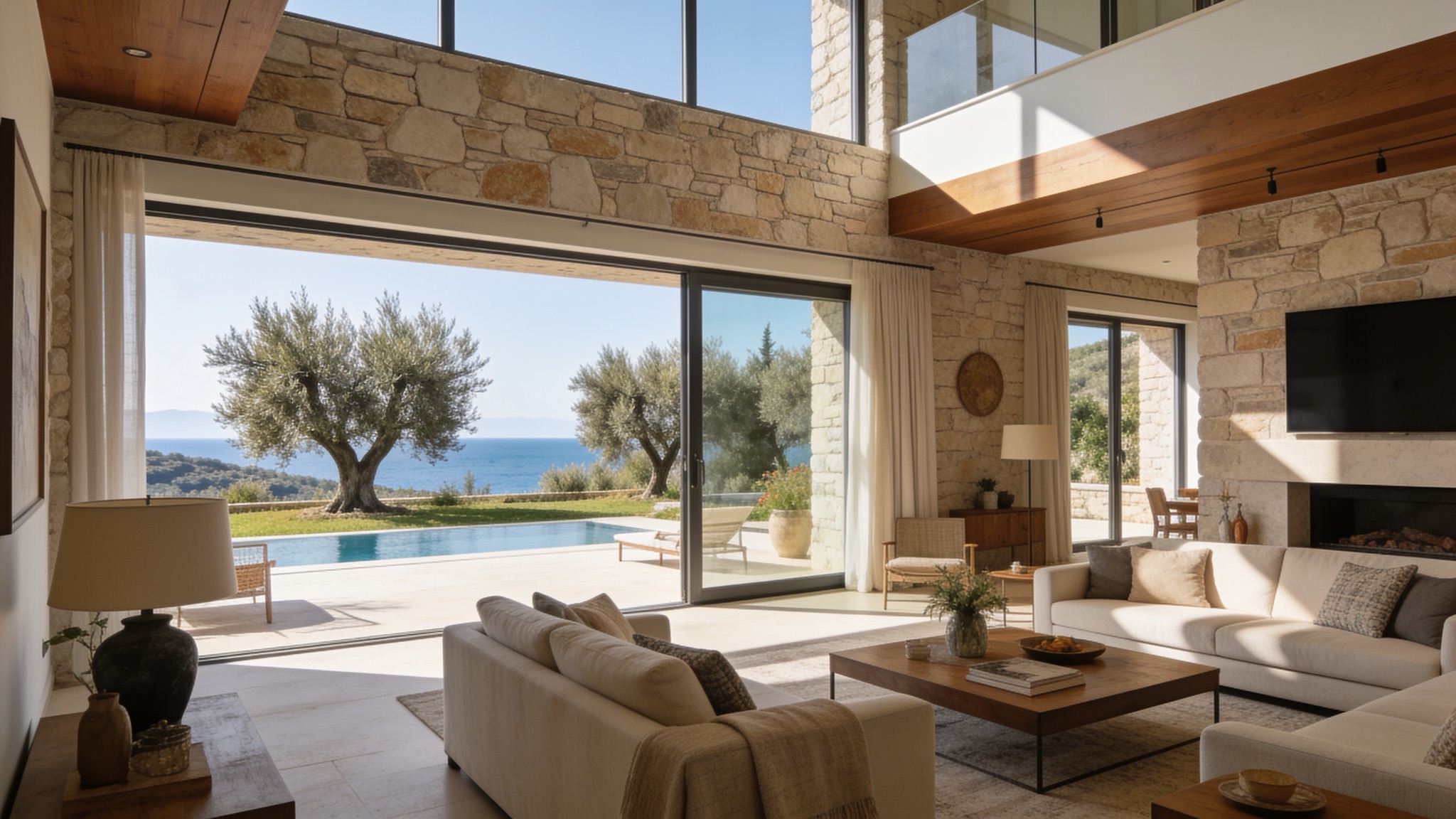 Kuzey Ege'de deniz manzaralı, taş duvarlı lüks villa iç mekânı