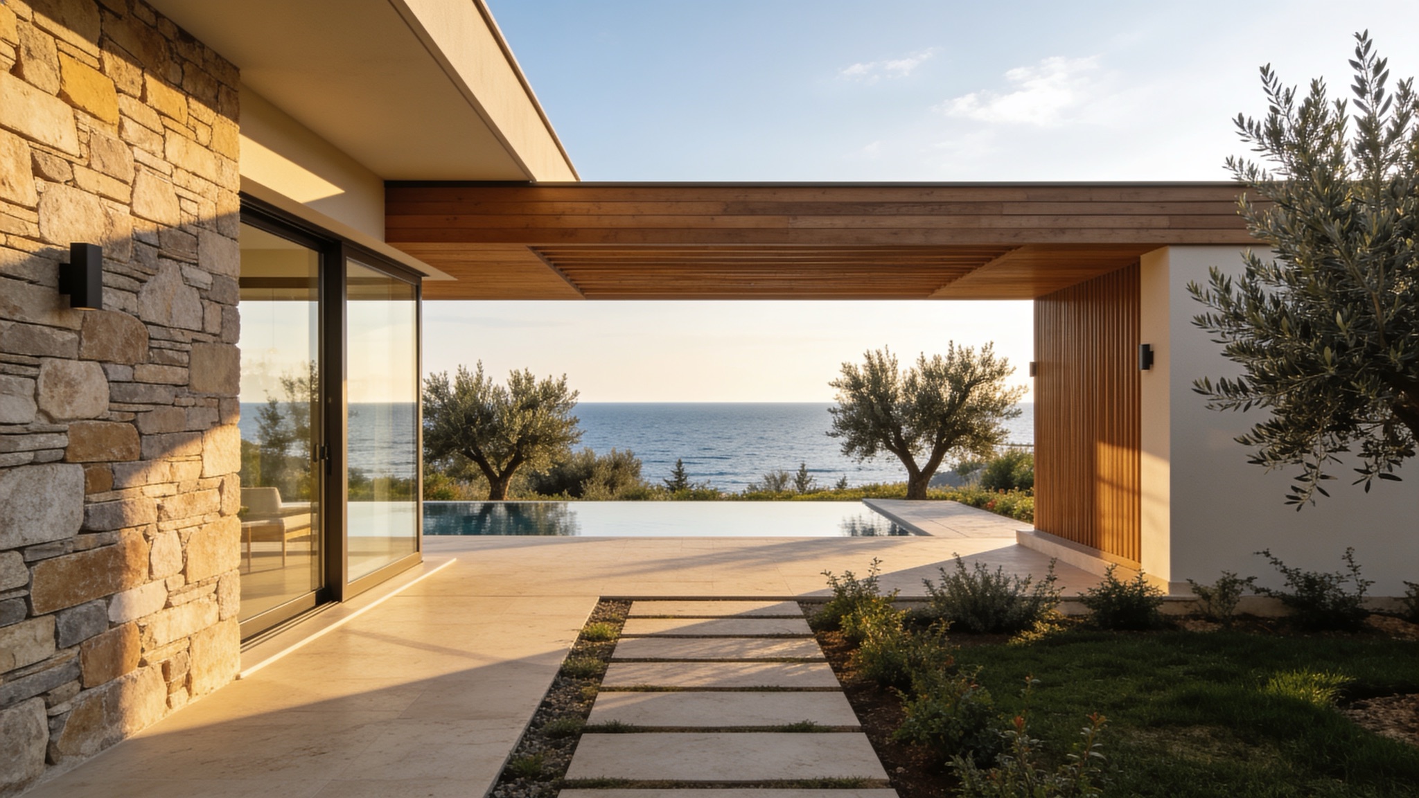 Kuzey Ege'de gün batımında sonsuzluk havuzlu, deniz manzaralı modern villa